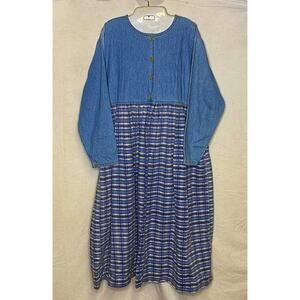 80s 90s Bill Blass Denim Dress Maxi Size 12 Long Sleeves Modest Vintage